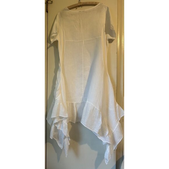 TEMPO PARIS Off White 100% Linen Artsy Dress Rauched Skirt Asymetrical Hem SZ M - Picture 1 of 16